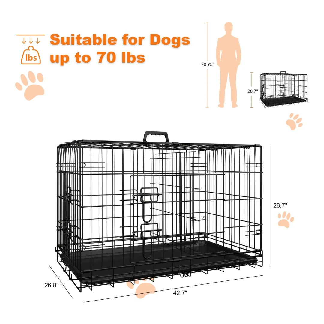 Dog Crate, 42 Inch Large Dog Cage With Divider And Plastic Leak-Proof Pan Tray, Double Door Folding Metal Wire Cage For Indoor, Outdoor, And Travel, Made In Vietnam