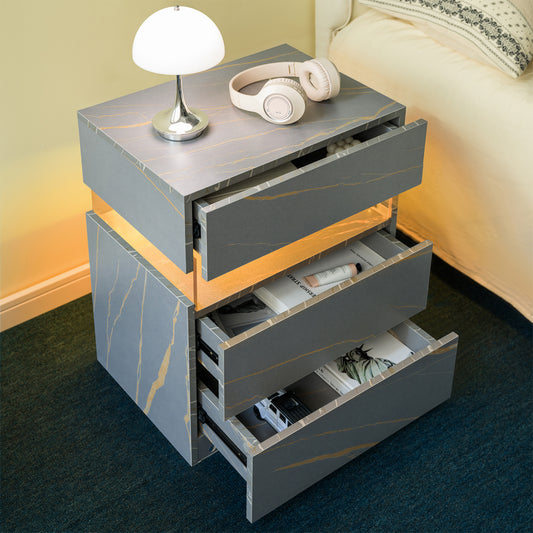 LED Nightstands 3 Drawer Dresser For Bedroom End Table With Acrylic Board LED Bedside Tables For Bedroom Living Room Bedside Furniture Grey Gold