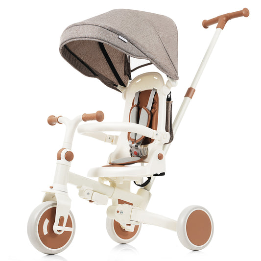 7 In 1 Baby Tricycle, Foldable Toddler Tricycle With Removable And Adjustable Parent Handle, Toddler Push Bike With Removable Pedal, Canopy, And Guardrail, Tricycle For 12-72 Months, Ivory And Brown