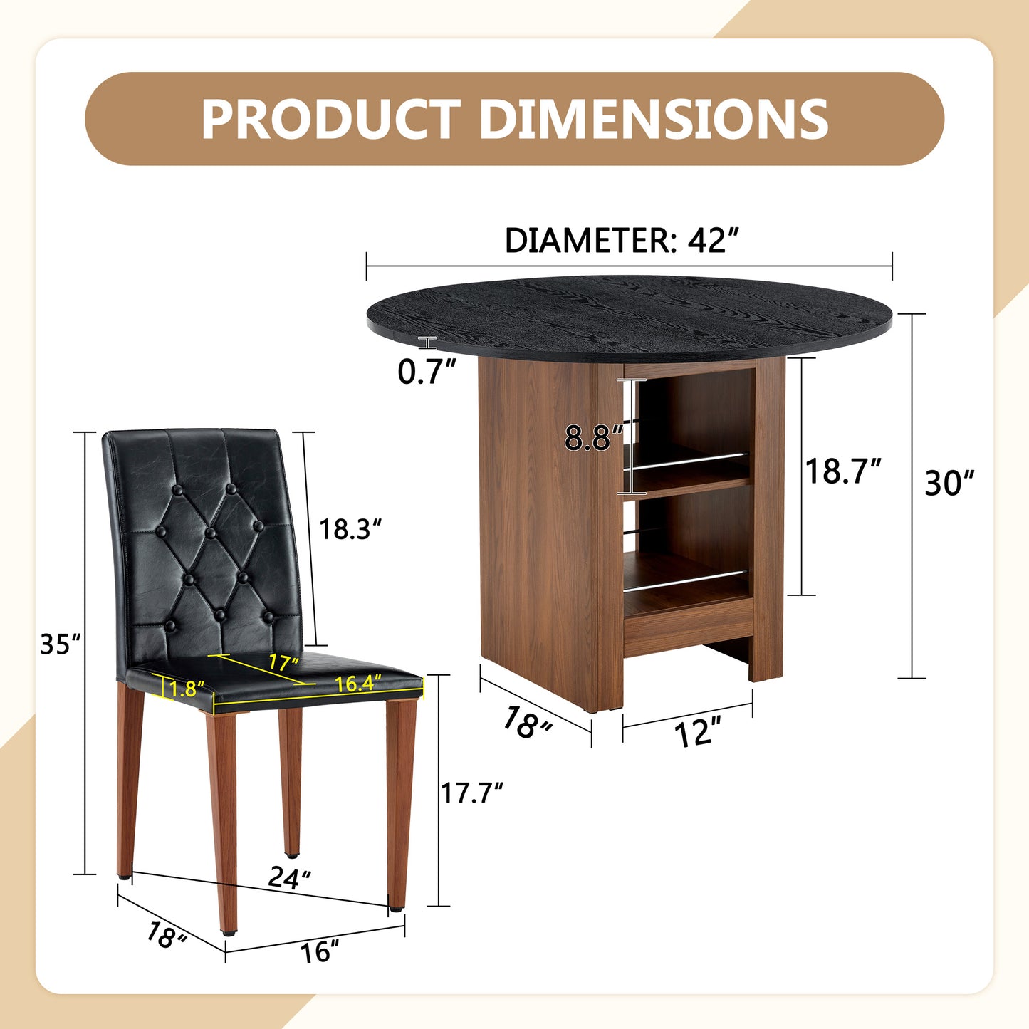 Table And Chair Set. 42 Inch Round MDF Black Dining Table With Double-layer Storage Shelves. Paired With 4 Black PU Chairs With Decorative Buckle Design On The Backrest.For Dining Room,Kitchen,etc.