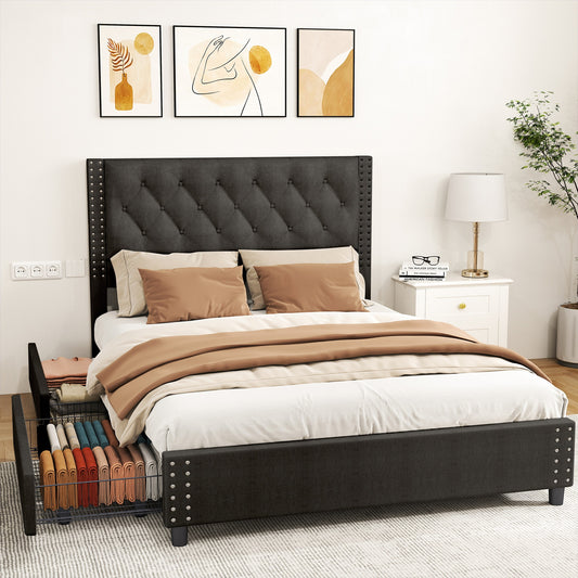 Queen Size Bed Frame With Upholstered Button Tufted Headboard Wood Slat Support Metal Platform Bed Frame With 4 Drawers No Box Spring Needed Easy Assembly For Home