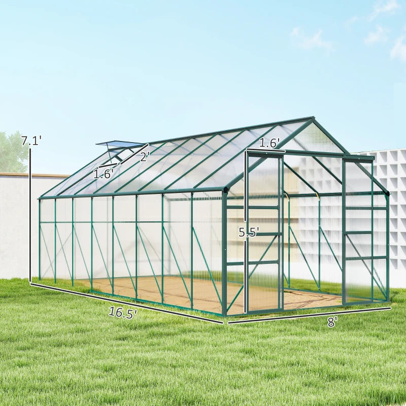 Aluminum Greenhouse Polycarbonate Walk-in Garden Greenhouse Kit With Adjustable Roof Vent, Rain Gutter And Sliding Door For Winter, Clear