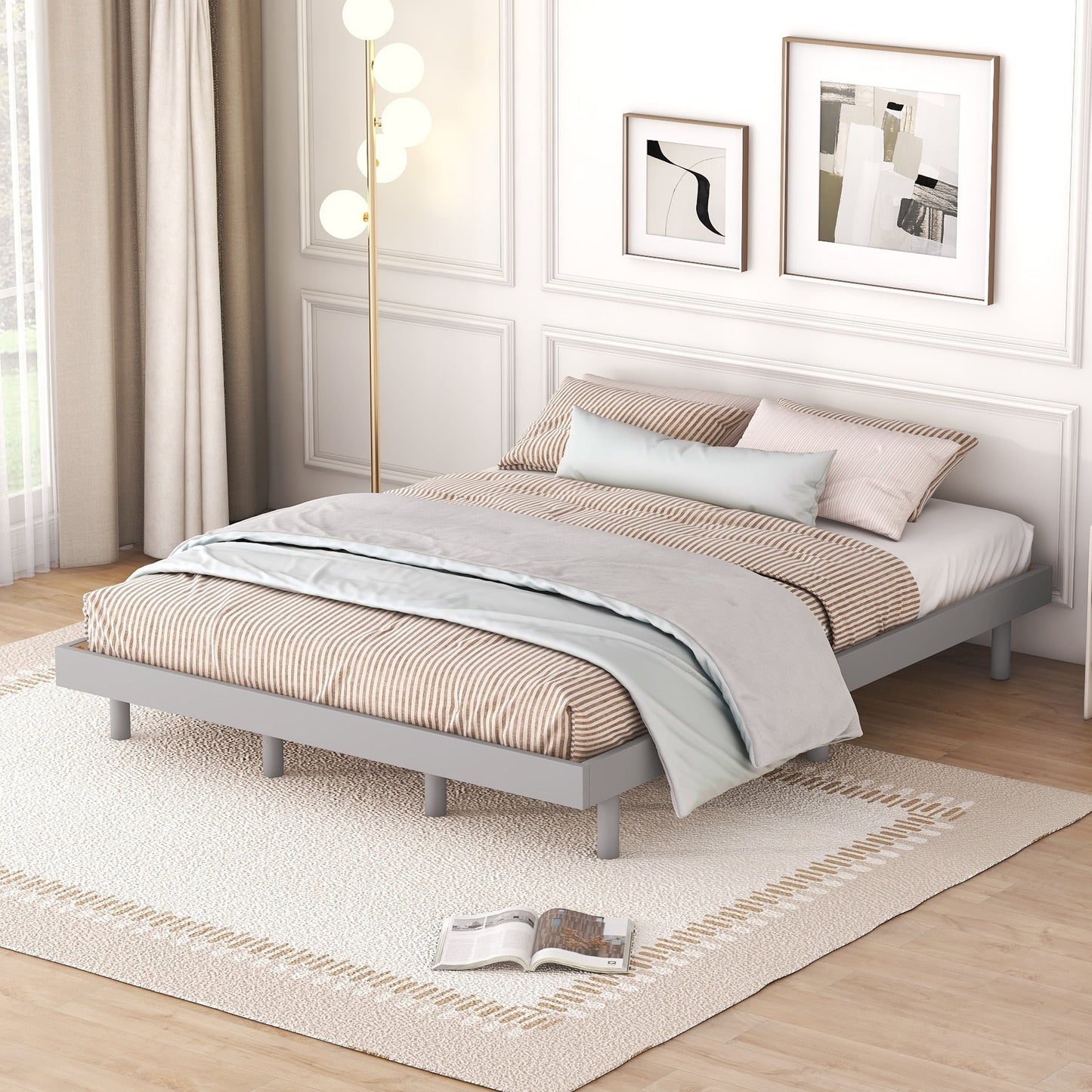 Modern Design Queen Floating Platform Bed Frame For Grey Color