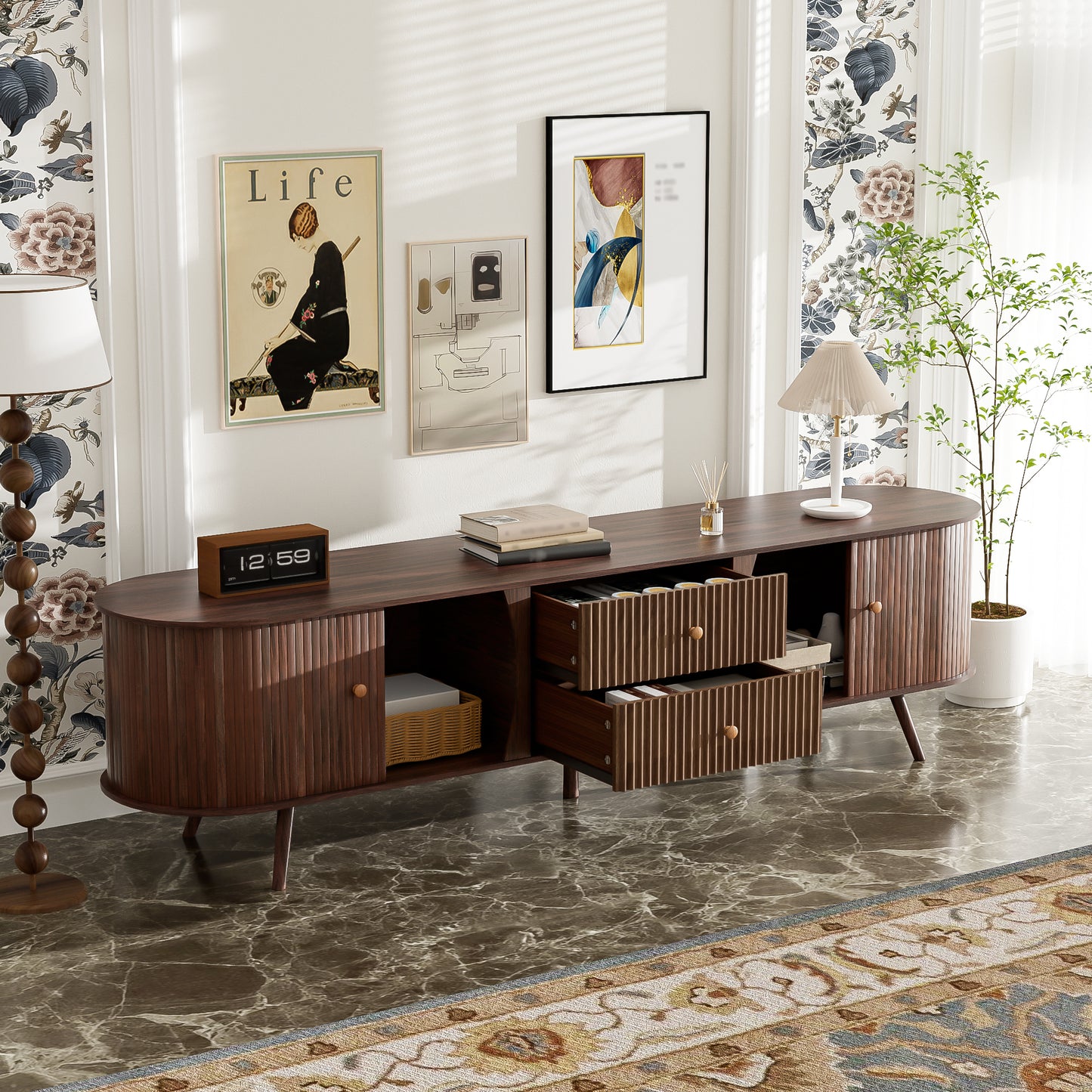 70 Inch Mid Century Modern TV Stand, TV Stand For 80 Inch TV, TV Stand With Tambour Doors, Fluted Drawers, TV Consoles For Living Room, Bedroom