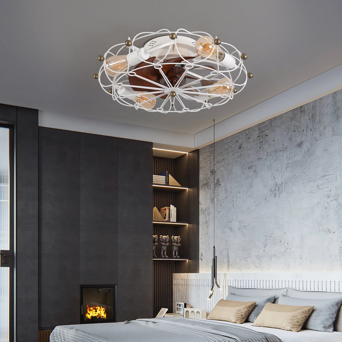 Low Profile Caged Ceiling Fan With Lights Remote Control, Embedded Modern Industrial Ceiling Fan