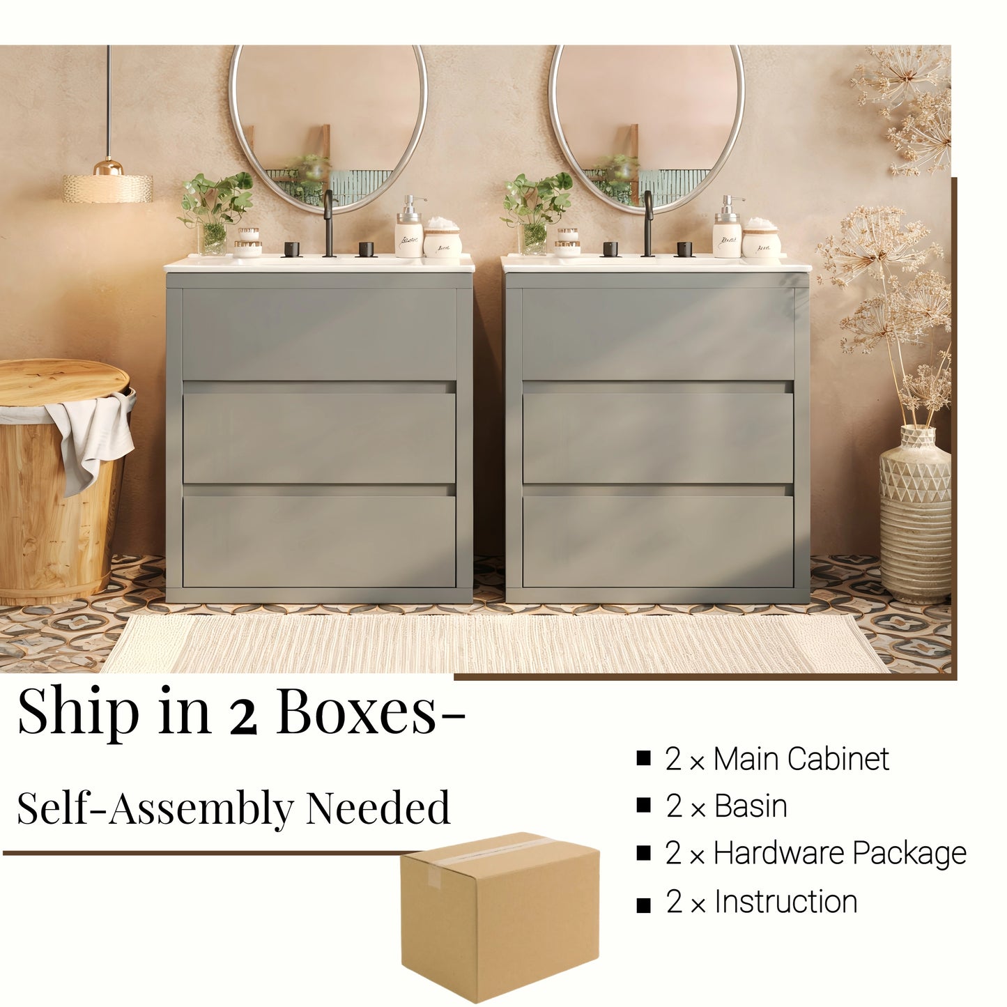 60  Double Sinks Bathroom Vanity Set, Bathroom Cabinet With Two Separate Ceramic Sinks, Full-Extension Drawers & Soft Close Undermount Drawer Slides, Gray