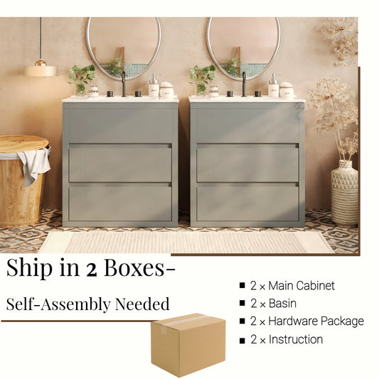 60  Double Sinks Bathroom Vanity Set, Bathroom Cabinet With Two Separate Ceramic Sinks, Full-Extension Drawers & Soft Close Undermount Drawer Slides, Gray