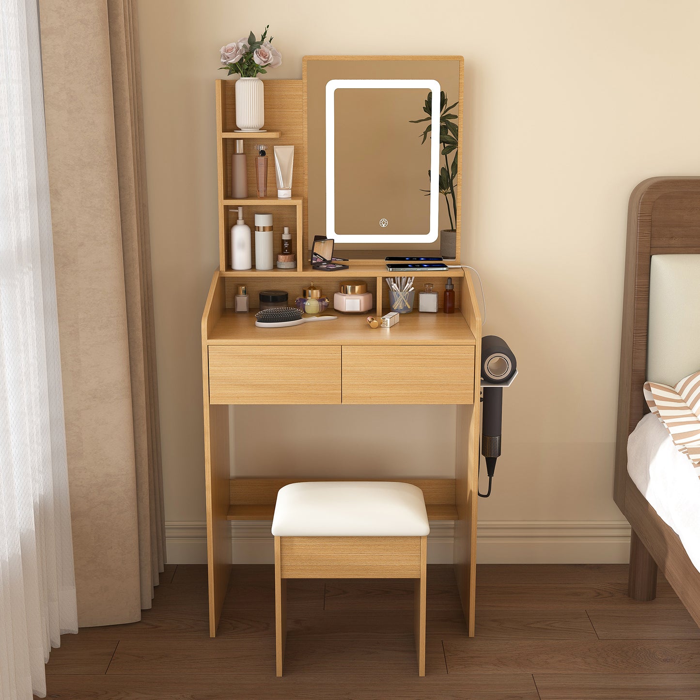 Vanity Table With LED-Illuminated Mirror, Power Outlet, Hairdryer Holder & Stool -Compact Dressing Desk For Small Bedrooms Wood
