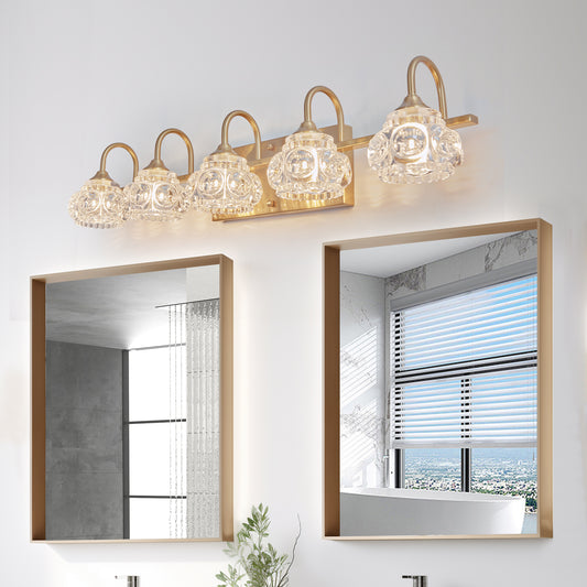 29 Modern Crystal Bathroom Vanity Light, 5-Light Golden Wall Sconce With Clear Glass Shade, Elegant Wall Mount Lighting For Bathroom, Powder Room, Or Vanity Mirror  No Bulbs