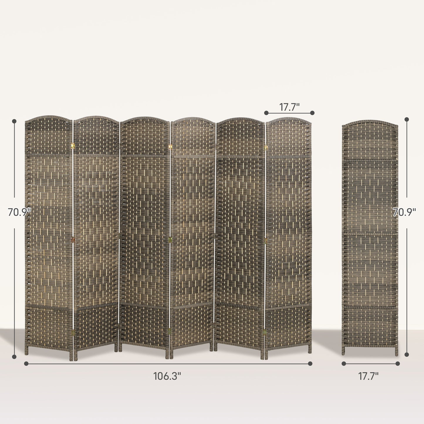 Folding Room Divider Screen 6 Panel 6' Tall Privacy Screen Freestanding Wood Partition For Home Office, Dark Rustic Oak