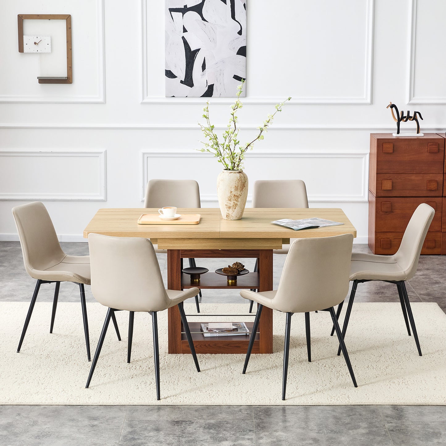 Scalable Dining Table And Chair Set, 59-71 Inch Pull-out Table,6-piece Set Of Warm Gray Artificial PU Chairs With Curved Widened Cushion Design. Suitable For Dining Rooms,office,etc.
