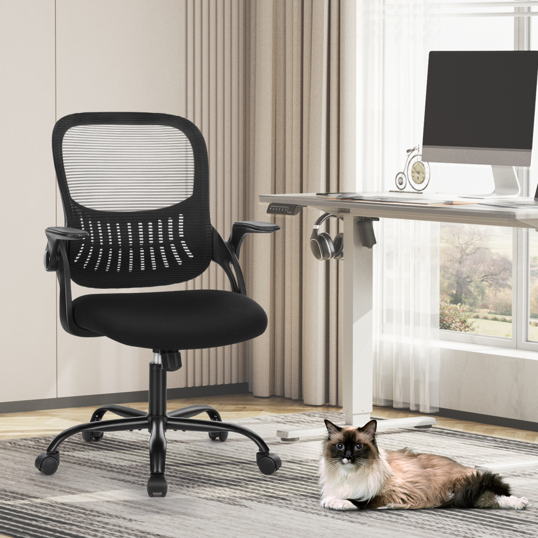 Home Office Computer Chair - Ergonomic Mid Back Desk With Lumbar Support And Rocking Mode, Height Adjustable With Fixed Armrest