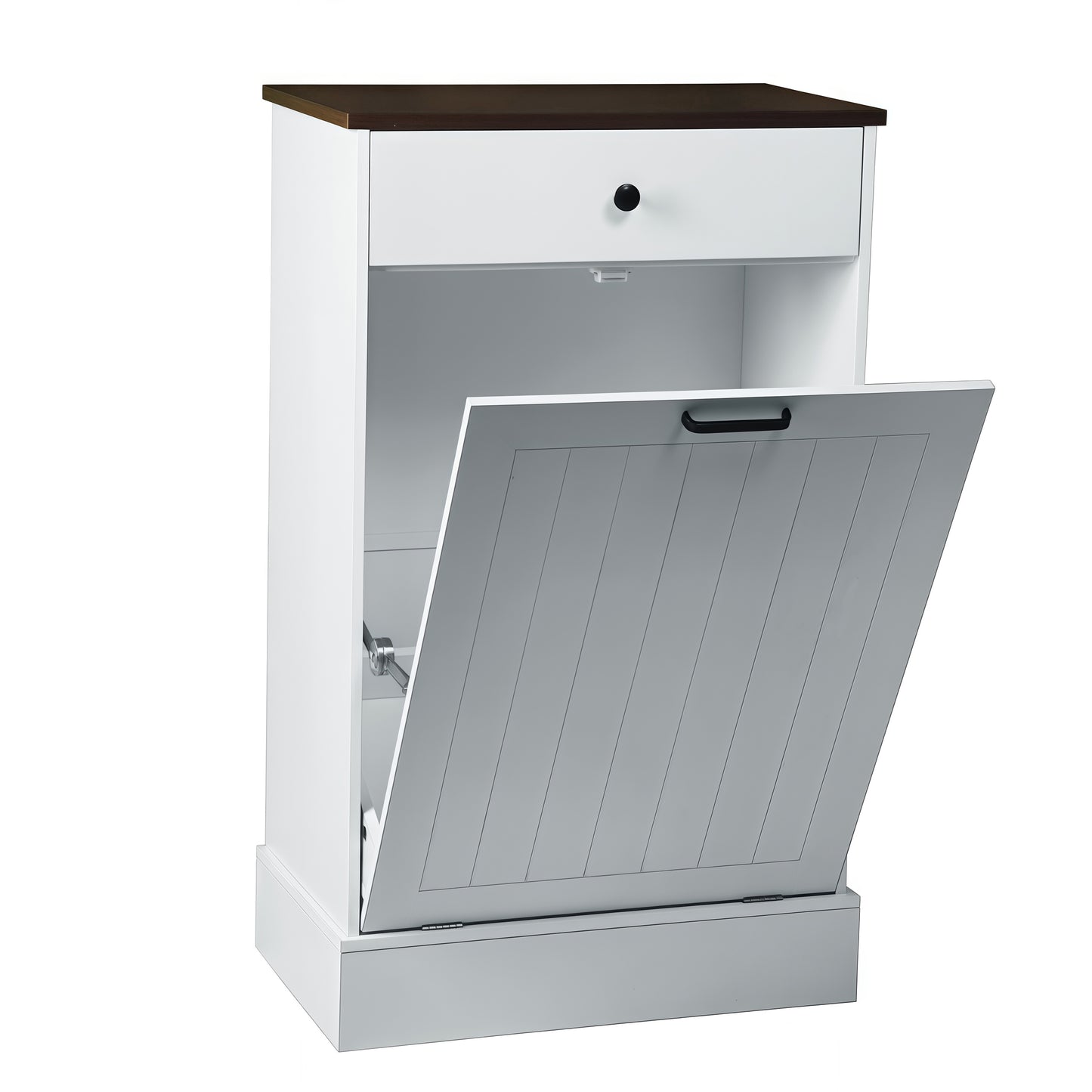 Tilt Out Trash Can Cabinet, Hidden Wooden Trash Can Cabinet With Drawer, Free Standing Garbage Cabinet For Kitchen, 10 Gallon Farmhouse Laundry Hamper Cabinet For Kitchen, Living Room  White
