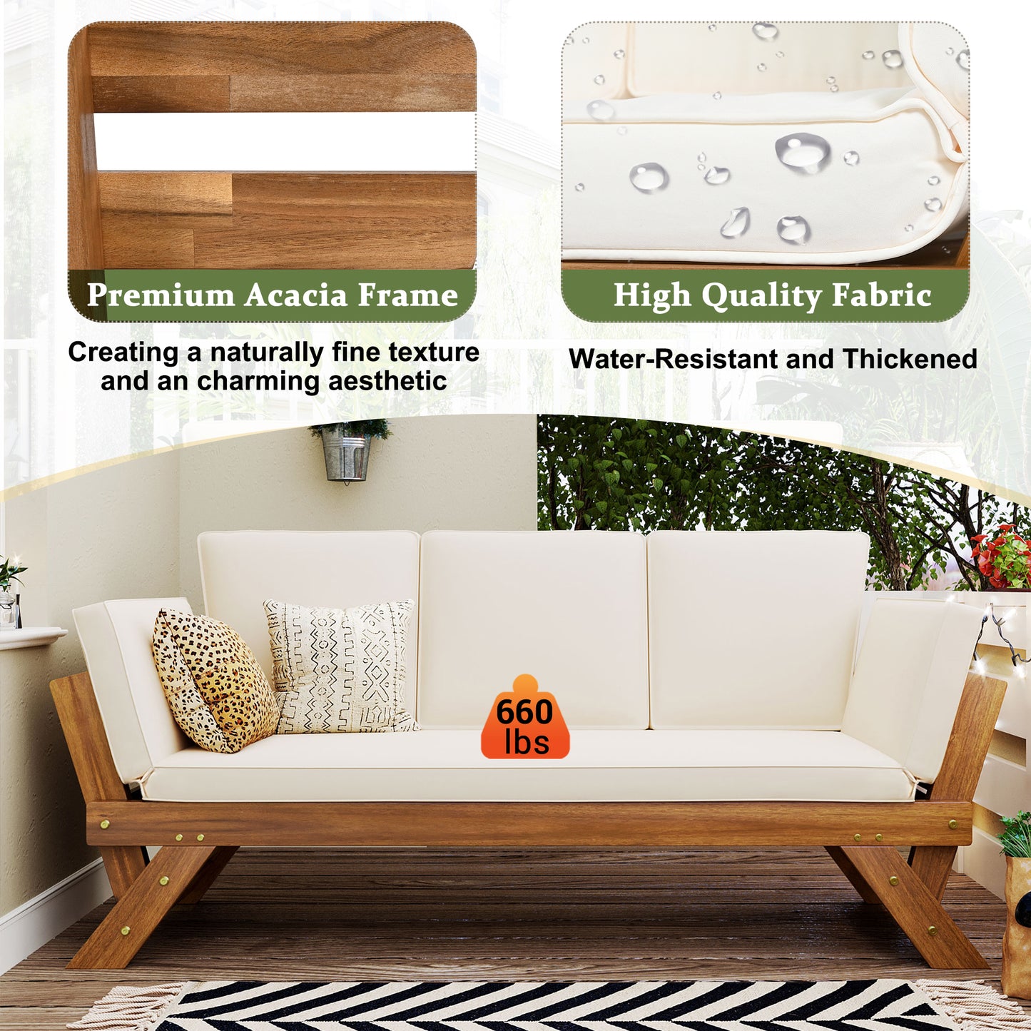 TOPMAx Outdoor Adjustable Patio Wooden Daybed Sofa Chaise Lounge With Cushions For Small Places  Natural Finish Beige Cushion
