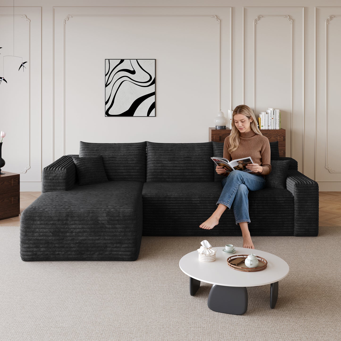 95  Cloud Sectional Sofa,Modern Minimalist Upholstered Couches, Comfort U Shaped Sofa For Living Room,Deep Seat Corner Couch,No Assembly Required,Black  Plush Corduroy Fabric