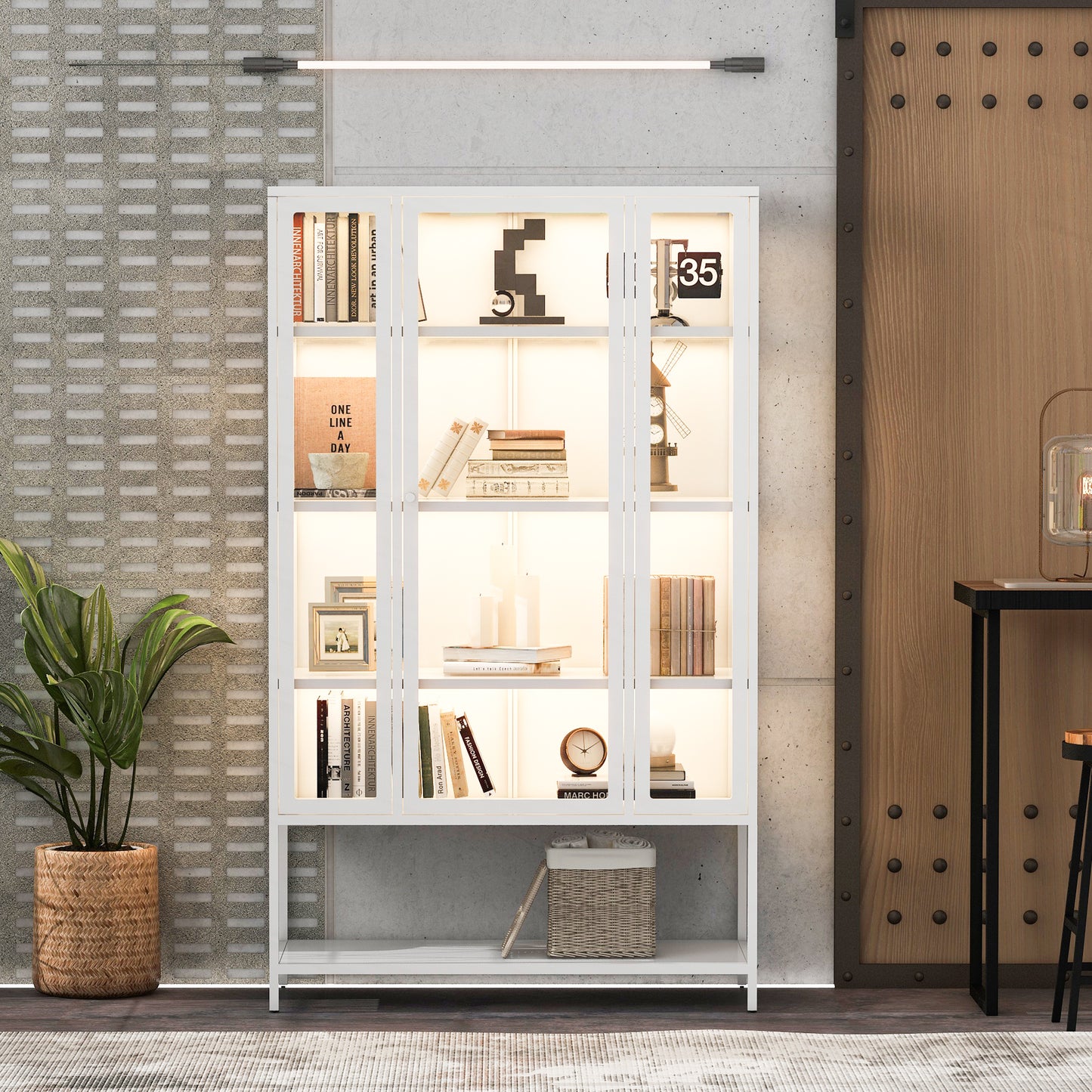 67.25  Tall Iron Display Cabinet With Glass Door And LED Lights Steel Curio Cabinet For Collectibles Figures Trophies 3-Sided Glass Display Case For Home Office Study Room Stores Playroom - White