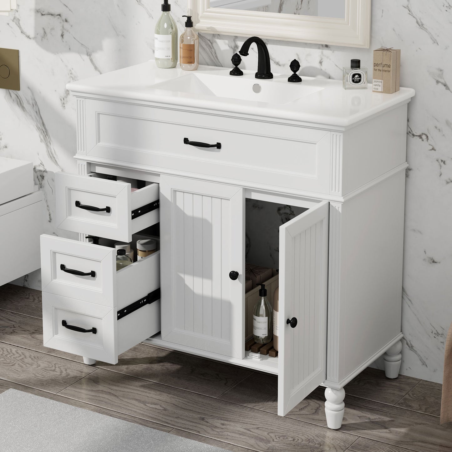 36  Bathroom Vanity With Sink, Bathroom Cabinet With Drawers, Solid Frame And MDF Board, Two Packages, White Same