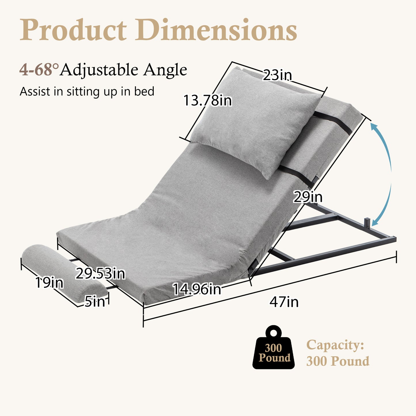 Electric Adjustable Bed Backrest - 300 Lbs Weight Capacity, 4-68 Lift, Machine Washable Fabric  For Elderly, Pregnancy, Patients, Handicap Assistance - Fits Most Bed Frames