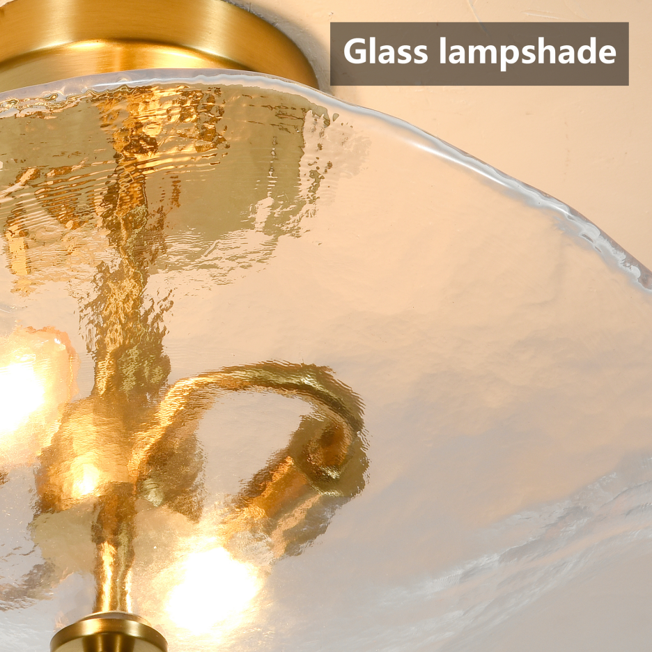 16.5inch Glass Semi Flush Mount Ceiling Light Fixture, 2-Lights Close To Ceiling Light, Modern Gold Ceiling Light Fixture For Bedroom Bathroom Hallway Entryway Kitchen Dining Room