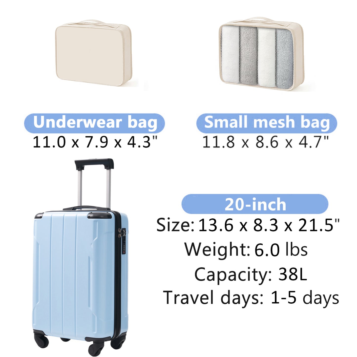 20-Inch Hardshell Carry-On Luggage, Lightweight Durable ABS Suitcase With Spinner Wheels, Built-in TSA Lock, 2 Packing Cubes, Skyblue