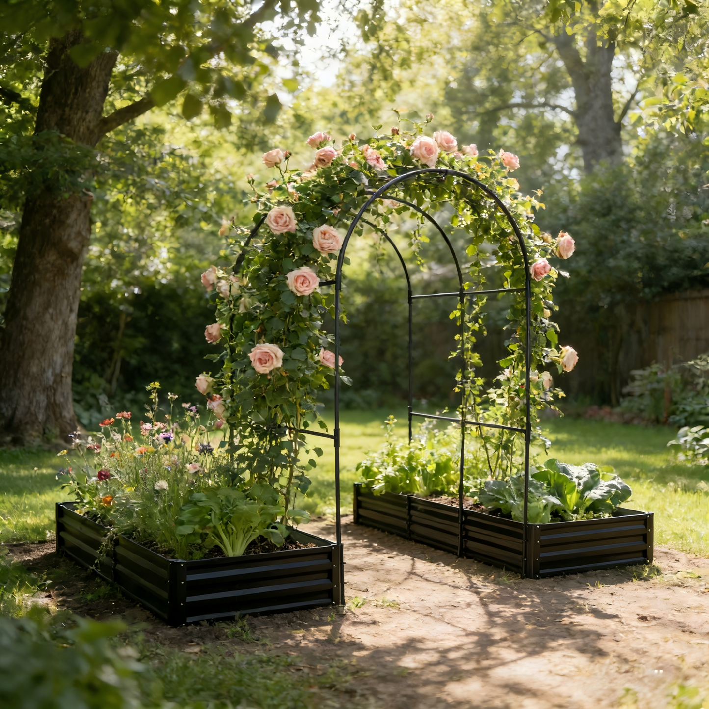 Raised Garden Bed With Arch Trellis, 2 Pack Metal Planter Boxes With Garden Arch, Outdoor Garden Planter For Climbing Plants Vegetables Flowers