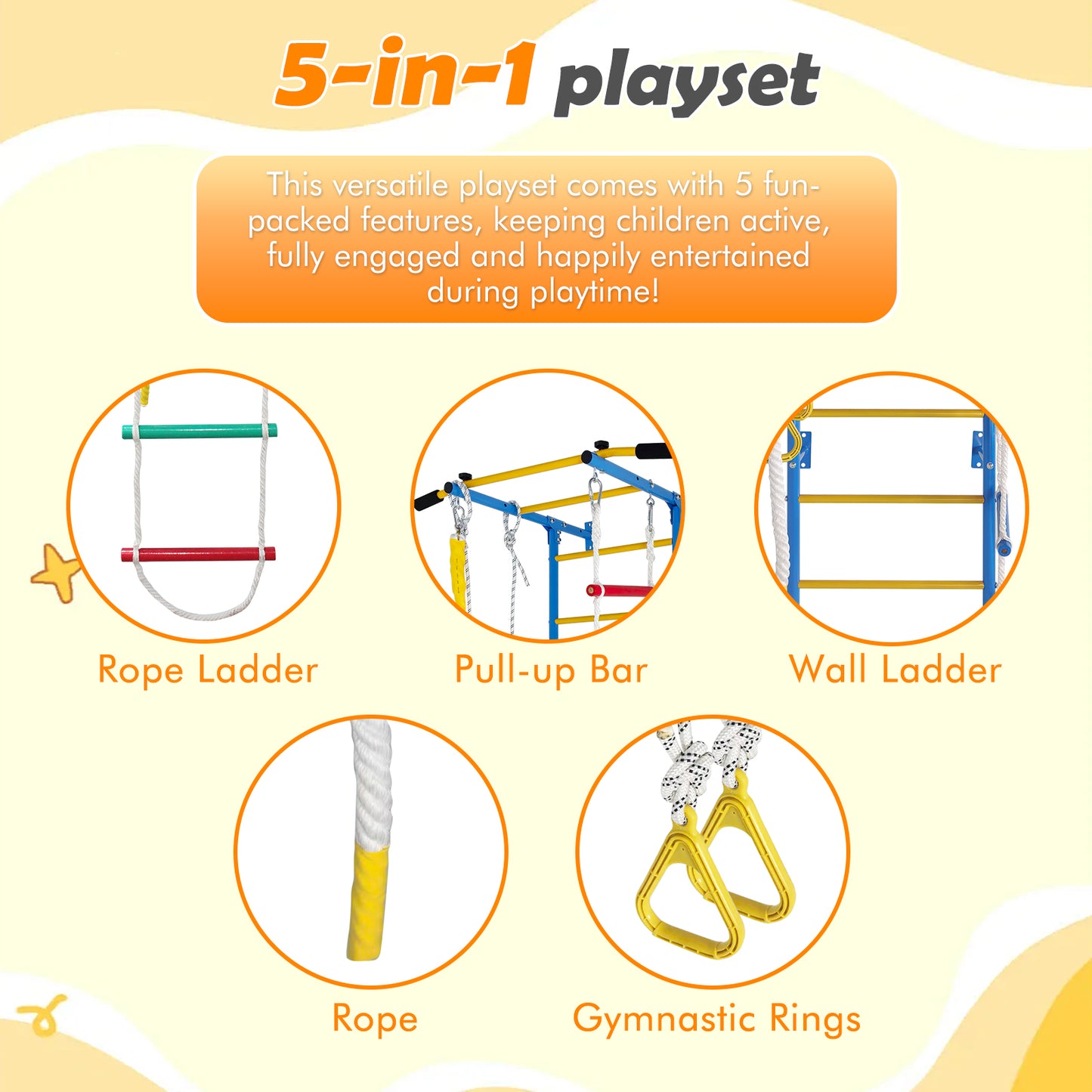 5 In 1 Playset Laddeer Wall Gym  With Rope Ladder, Pull-up Bar, Wall Ladder, Rope, And Gymnastic Rings
