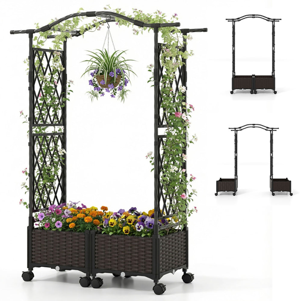 5 FT Self-Watering Planter Boxes With Lattice Trellis And Roof For Outdoor Application, Such As Balcony, Deck, Patio, And Garden
