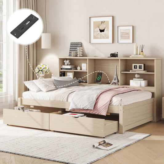 Twin Size Bed Frame With Side Bookshelves, Two Drawers, And Built-in USB Port For Natural Color