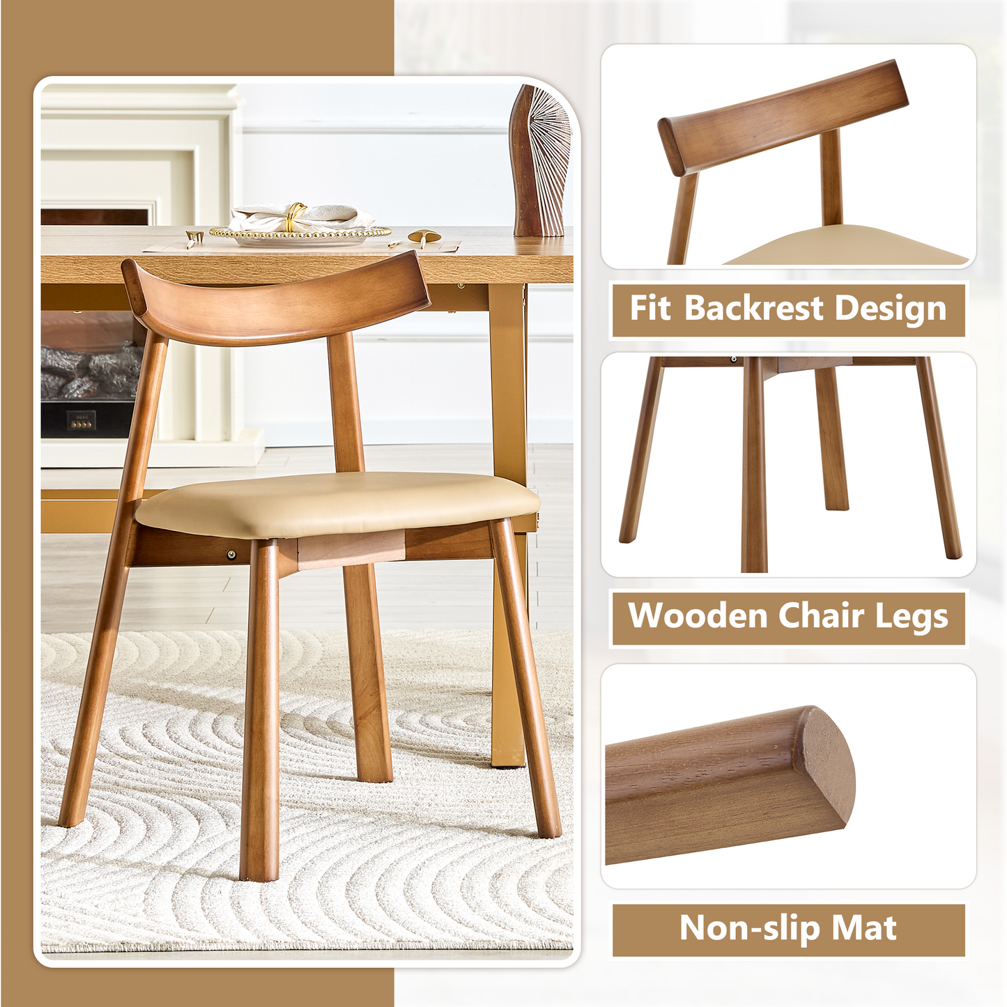 2 Walnut Colored Solid Wood Dining Chairs, With Khaki PU Soft Cushions And Curved Backrests That Fit The Curves Of The Back, Suitable For Home Dining.