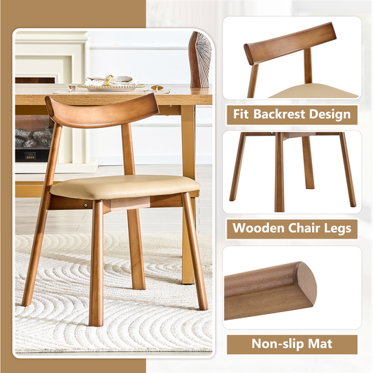 2 Walnut Colored Solid Wood Dining Chairs, With Khaki PU Soft Cushions And Curved Backrests That Fit The Curves Of The Back, Suitable For Home Dining.