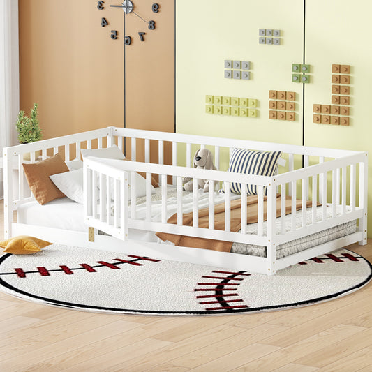Twin Size Floor Bed With Slats, Montessori Floor Bed With Fence And Door, Kids Montessori Bed Twin Size, Wood Montessori Floor Bed For Kids, Girls, BoysTwin White