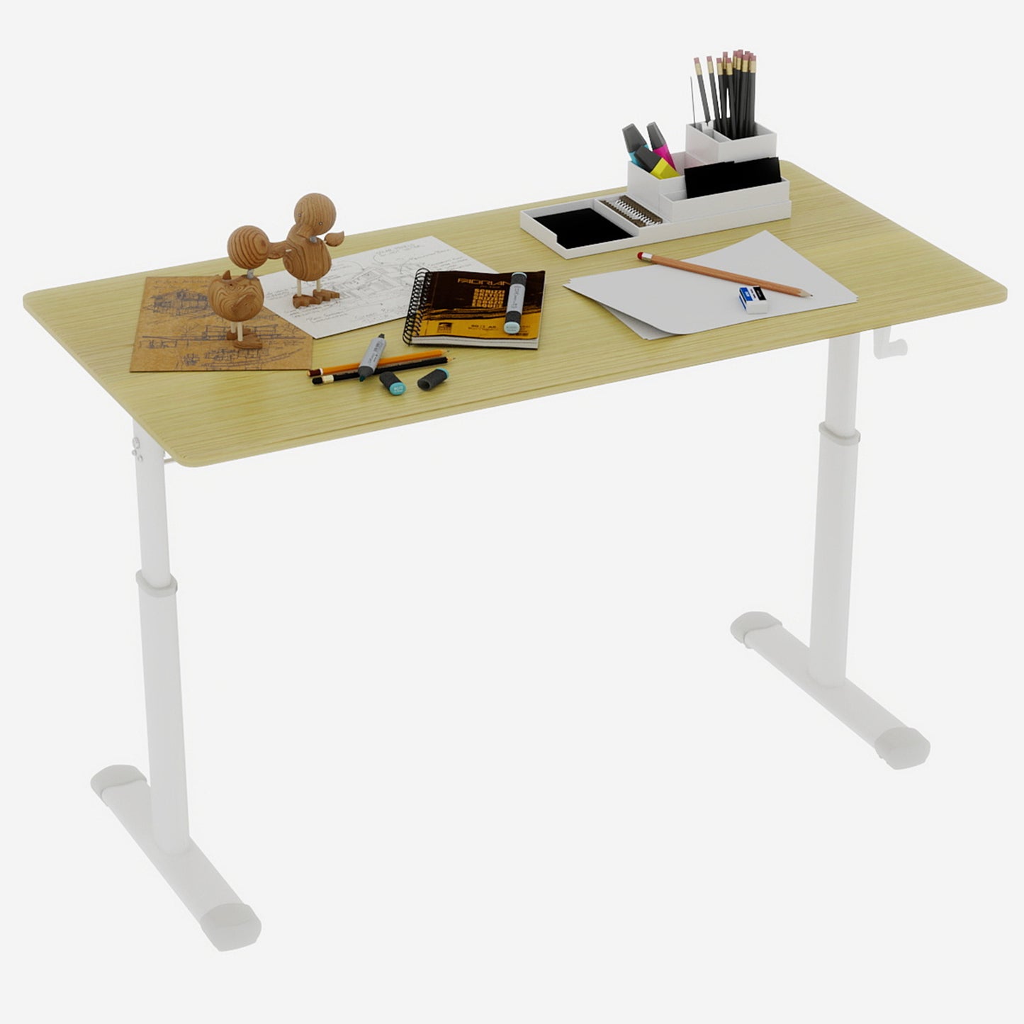 Adjustable Study Desk Suitable For Children And Adults, Height Adjustable, Multifunctional Home Office Desk, Compact Design, Desktop Dimensions  60cm X 120cm, White Frame, Natural Wood Colored Tableto