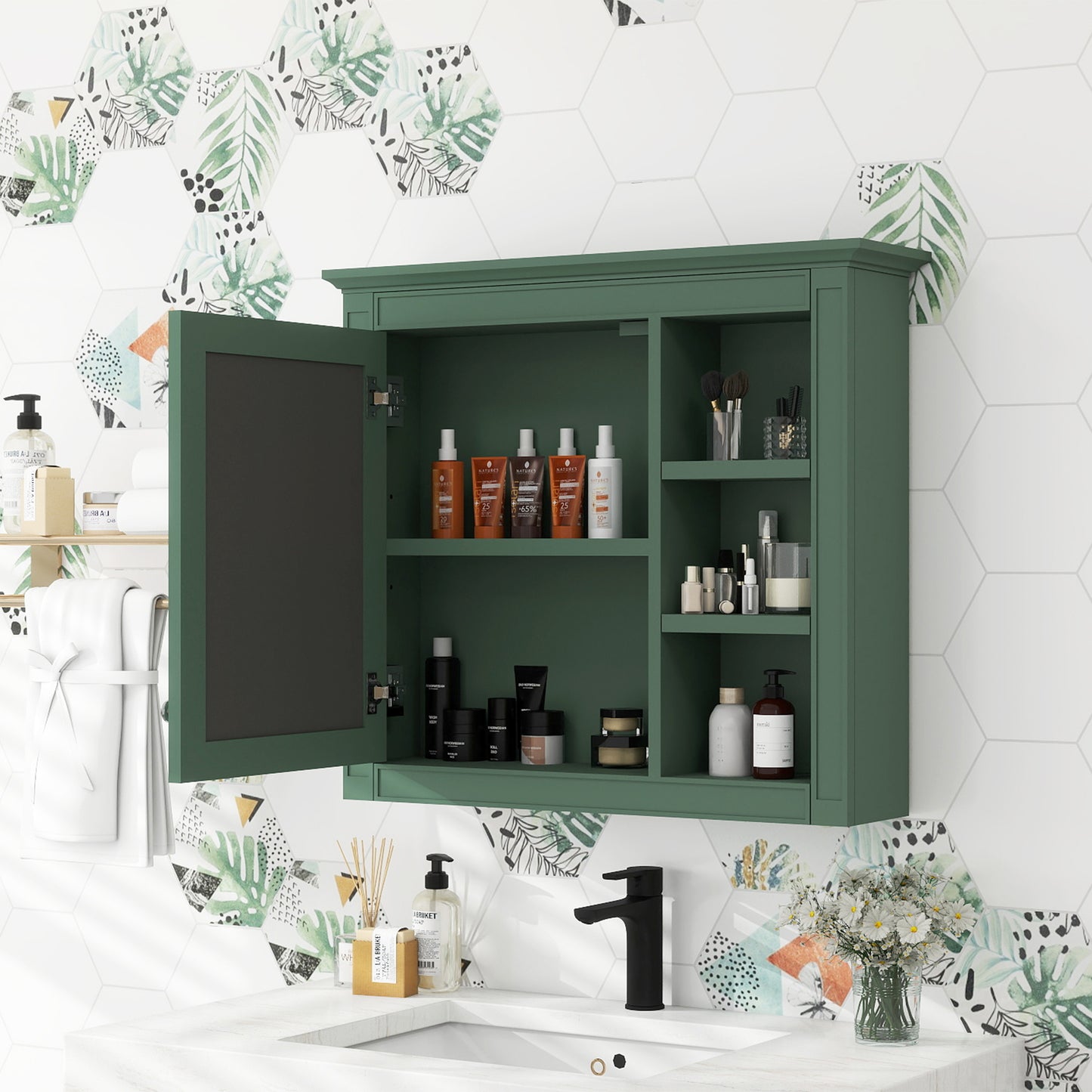 30   X 28   Medicine Cabinet, Wall Mounted Bathroom Storage Cabinet, Modern Bathroom Wall Cabinet With Mirror,Medicine Cabinet,  Mirror Cabinet With 3 Open Shelves   Not Include Bathroom Vanity