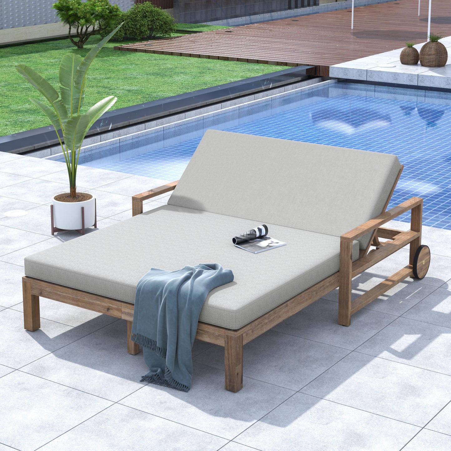 TREXM 1-Piece Farmhouse-styled Wooden Outdoor Sunbed For Ultimate Relaxation Outdoor Daybed Seating 2 People For Poolside  Garden And Backyard  Grey