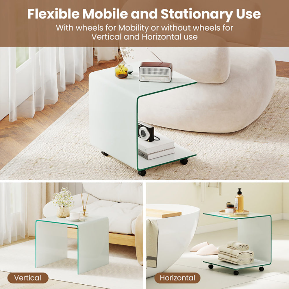C Shaped End Table Modern Tempered Glass Side Table With Shelf With 4 Swivel Lockable Wheels  Coffee Table, Snack Table, Sofa Table, Laptop Table