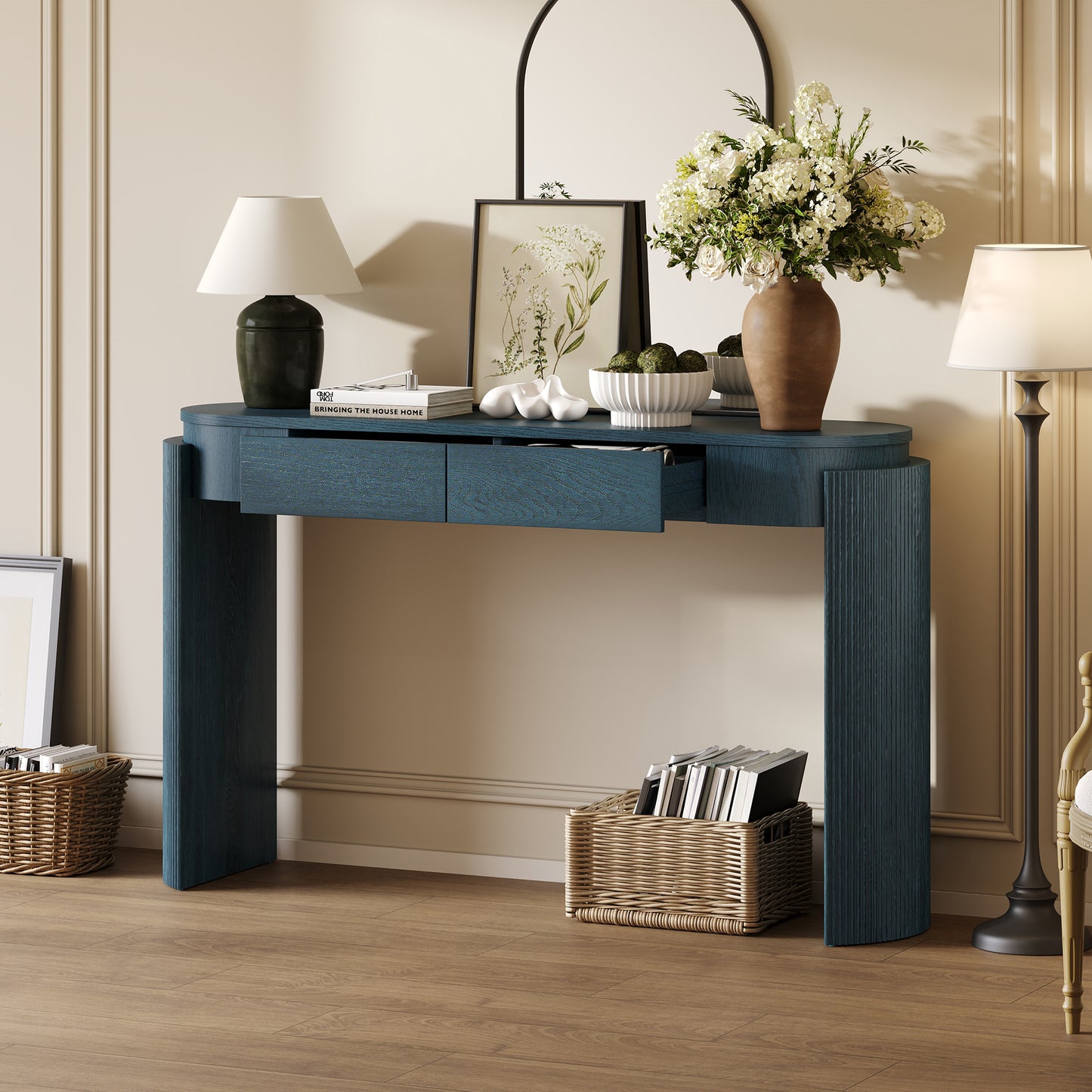 TREXM Entryway Table With Natural Wood Grain Finish  Console Table With Fluted Design  Oval Top And 2 Drawers For Entryway And Living Room  Navy
