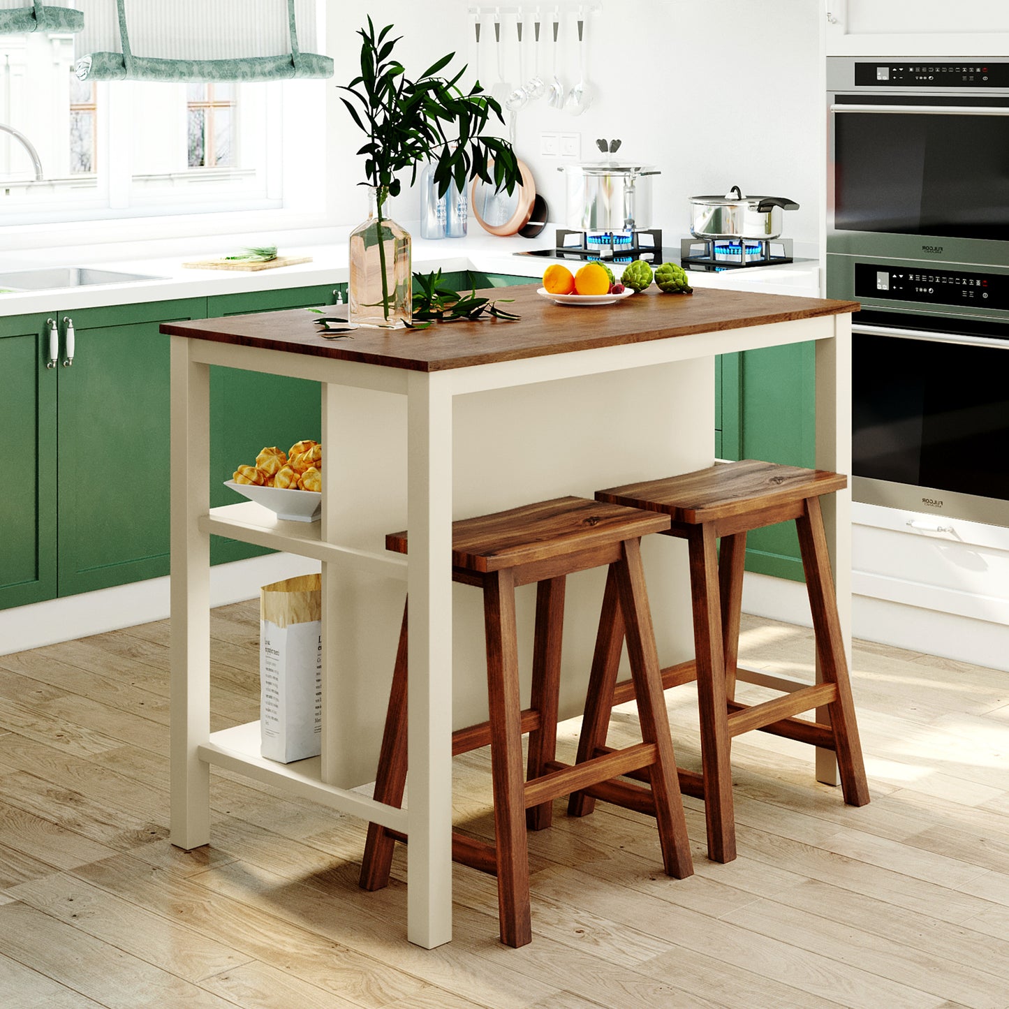 TOPMAx Solid Wood Rustic 3- Piece 45  Stationary Kitchen Island Set With 2 Seatings  Rubber Wood Butcher Block Dining Table Set Prep Table Set With 2 Open Shelves For Small Places Walnut Cream White