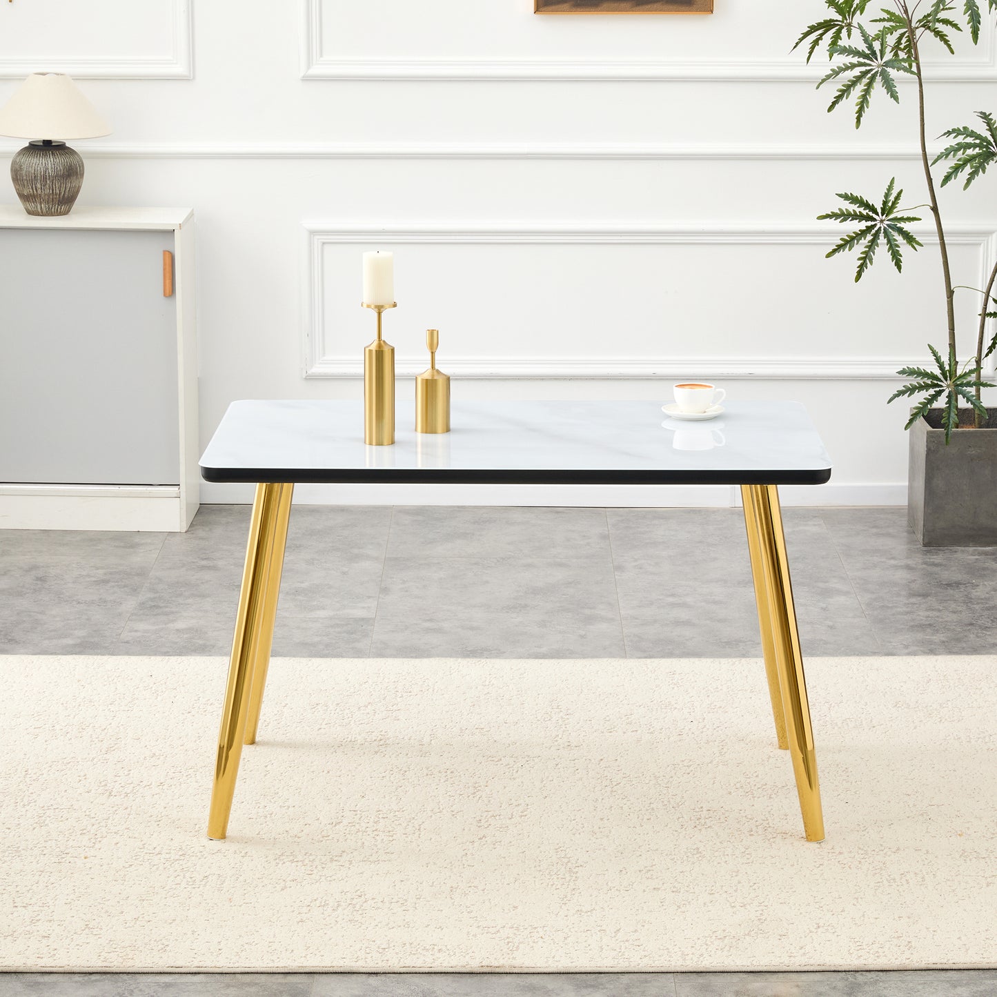 Modern Minimalist Rectangular Dining Table, Suitable For 4-6 People. Tempered Glass Countertop  Lower MDF Board,  Marble Texture, Gold Metal Tapered Legs. Suitable For Minimalist Restaurants.
