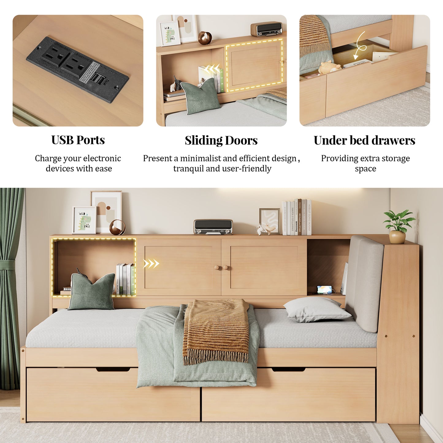 Wooden Twin Size L-shaped Daybed Corner Bed Under-bed Drawers  With Storage Bookcase And Upholstered Headboard And USB Charging Ports For Limited Space,Natural