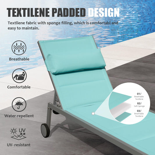 Outdoor Patio Chaise Lounge Set Of 3, Aluminum Pool Lounge Chairs With And Wheels, Textilene Padded Adjustable Recliner All Weather For Poolside, Beach, Yard, Balcony  Lake Blue
