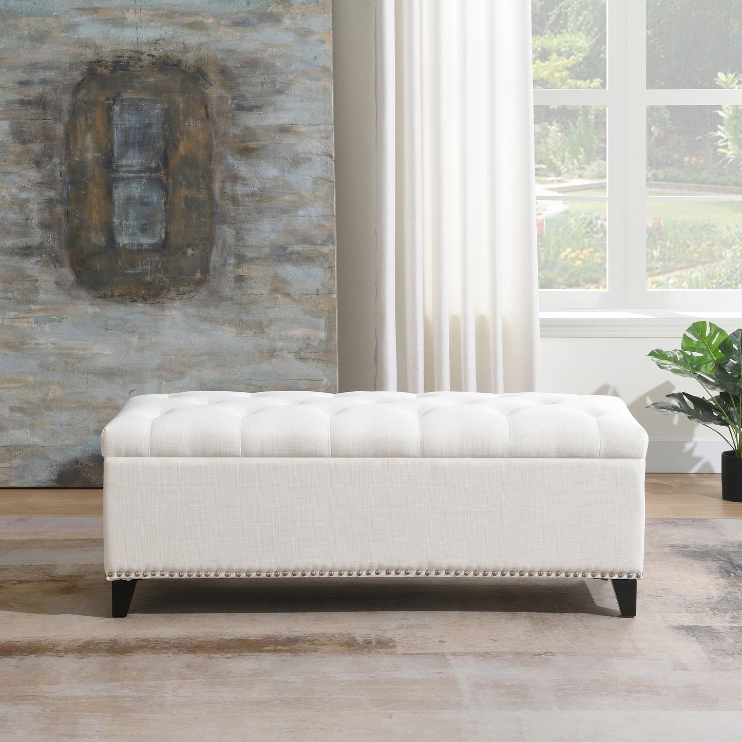 47.5  Storage Ottoman, Storage Bench With Safety Close Hinge, Linen Button-Tufted Ottoman For Living Room, Entryway, Hallway, Foot Rest, Support 500lbs - Beige