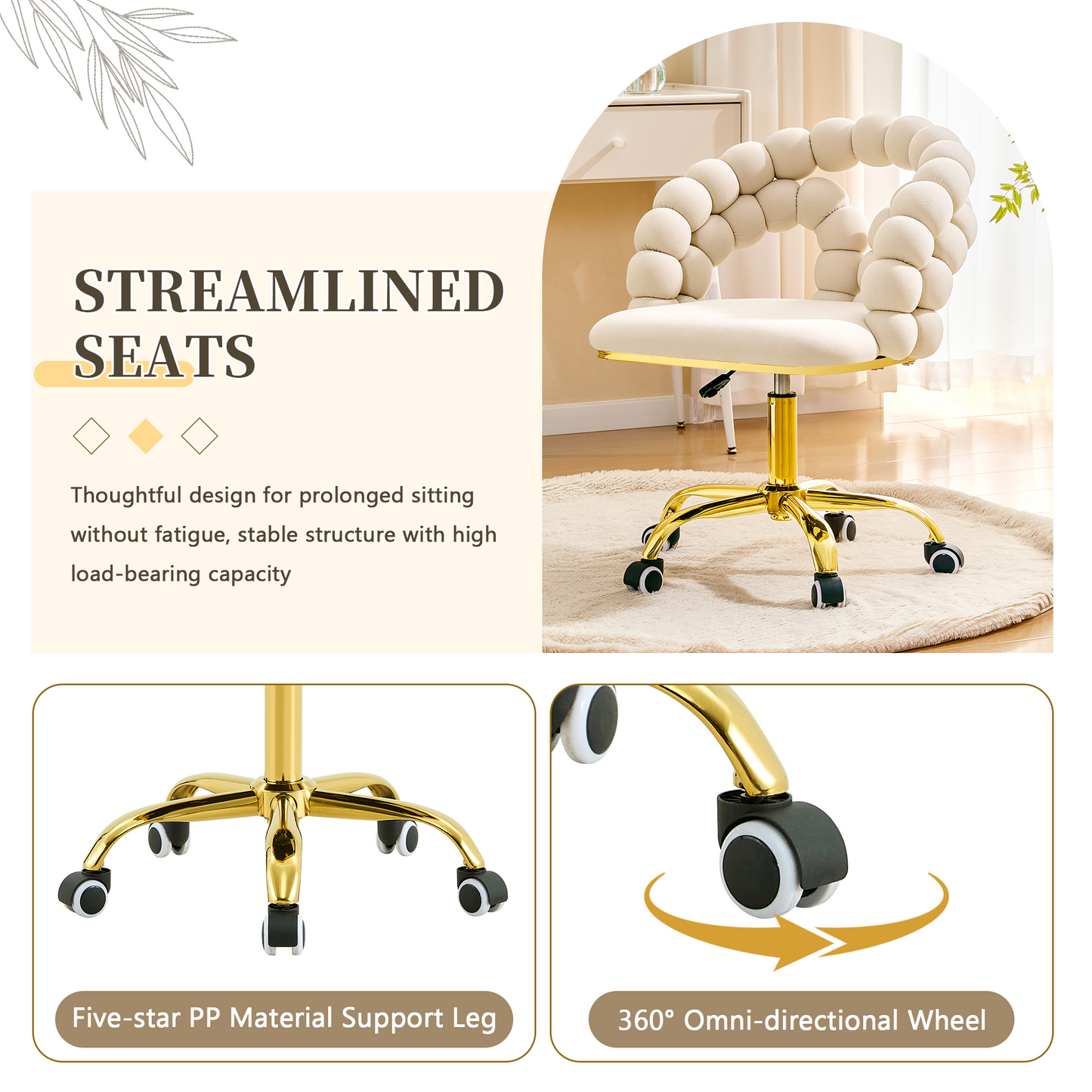 Modern Velvet Adjustable Swivel Desk Chair With Bubble Back, Upholstered Vanity Chair With Gold Metal Base, Rolling Office Chair For Home Office, Bedroom, Makeup Room, Beige  Set Of 1