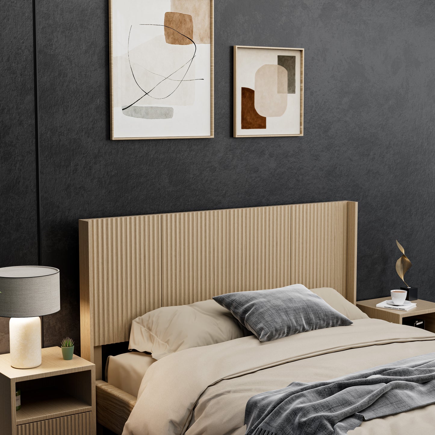 Wood Headboard Queen Size  64.4 Wide Wooden Queen Headboard Only  Modern Farmhouse Headboards  Wall Mounted Fluted Panel  Wingback Boho Headboards  Natural Oak