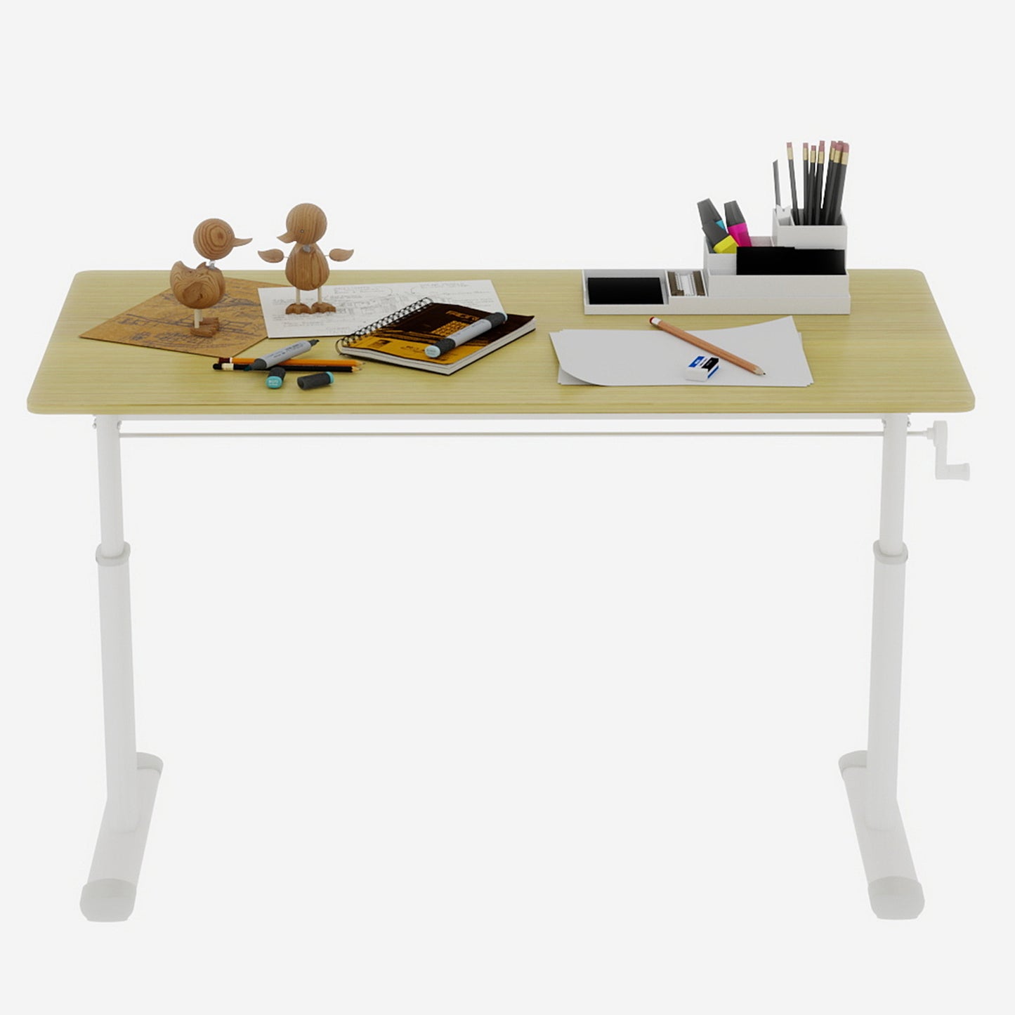 Adjustable Study Desk Suitable For Children And Adults, Height Adjustable, Multifunctional Home Office Desk, Compact Design, Desktop Dimensions  60cm X 120cm, White Frame, Natural Wood Colored Tableto