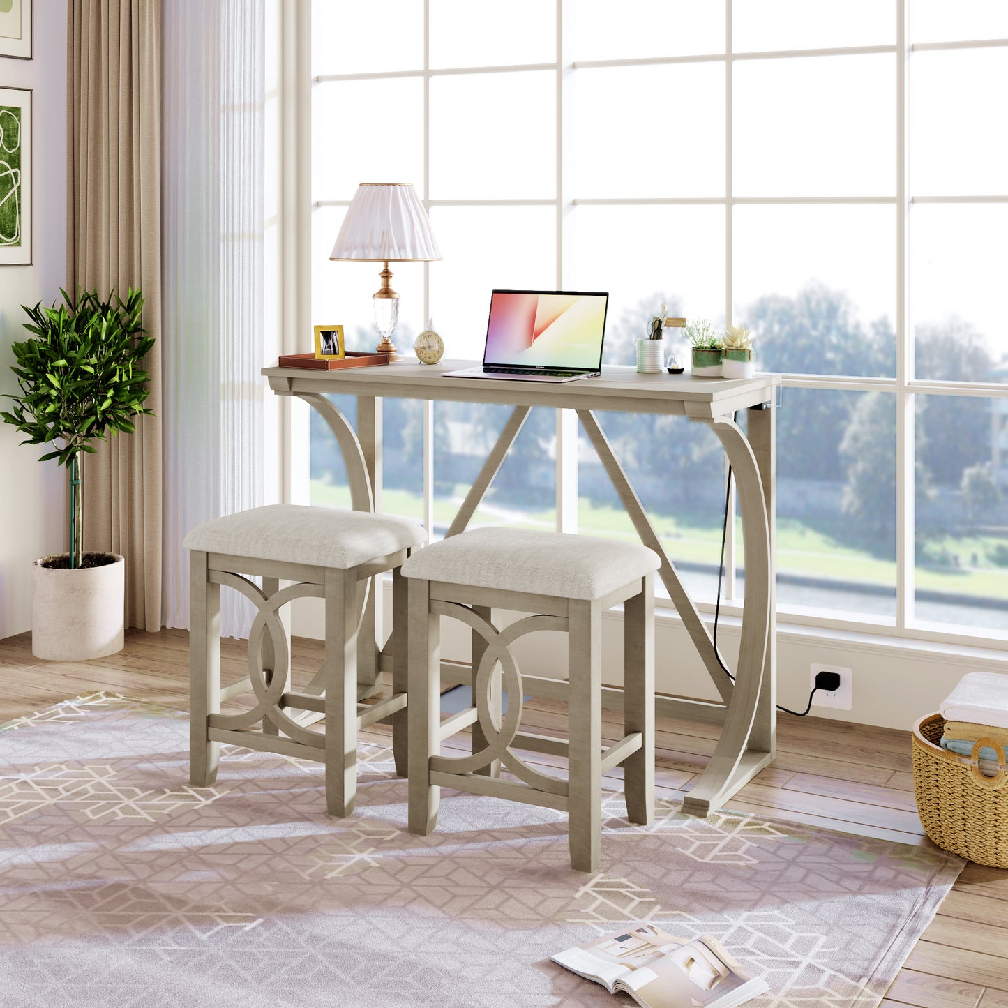 TOPMAx Farmhouse 3- Piece Counter Height Dining Table Set With USB Port And Upholstered Stools Milky White