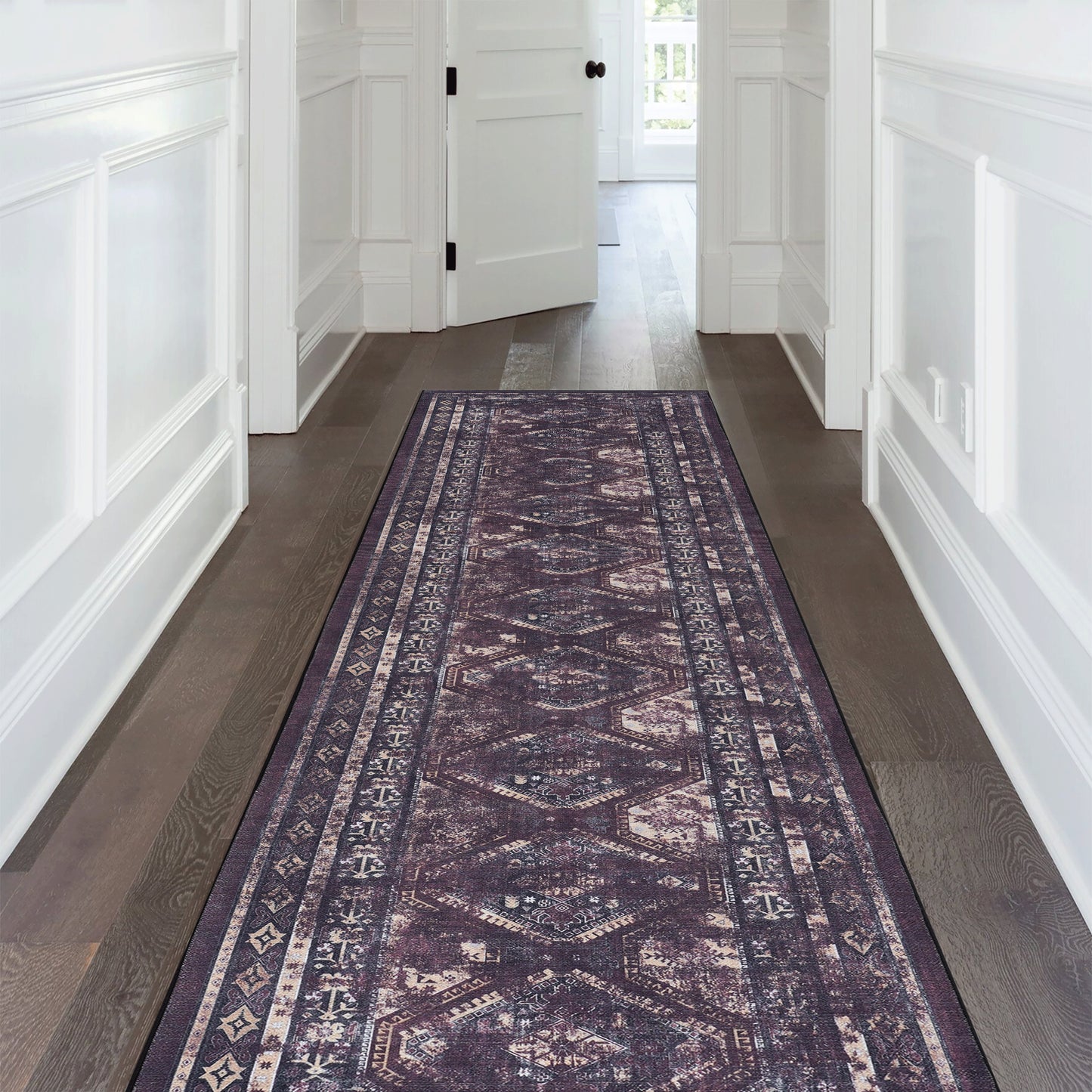 MAVAL Black Washable Rug 2'6'' X 10' Runner Rug  Black Burgundy, 2'6'' X 10'