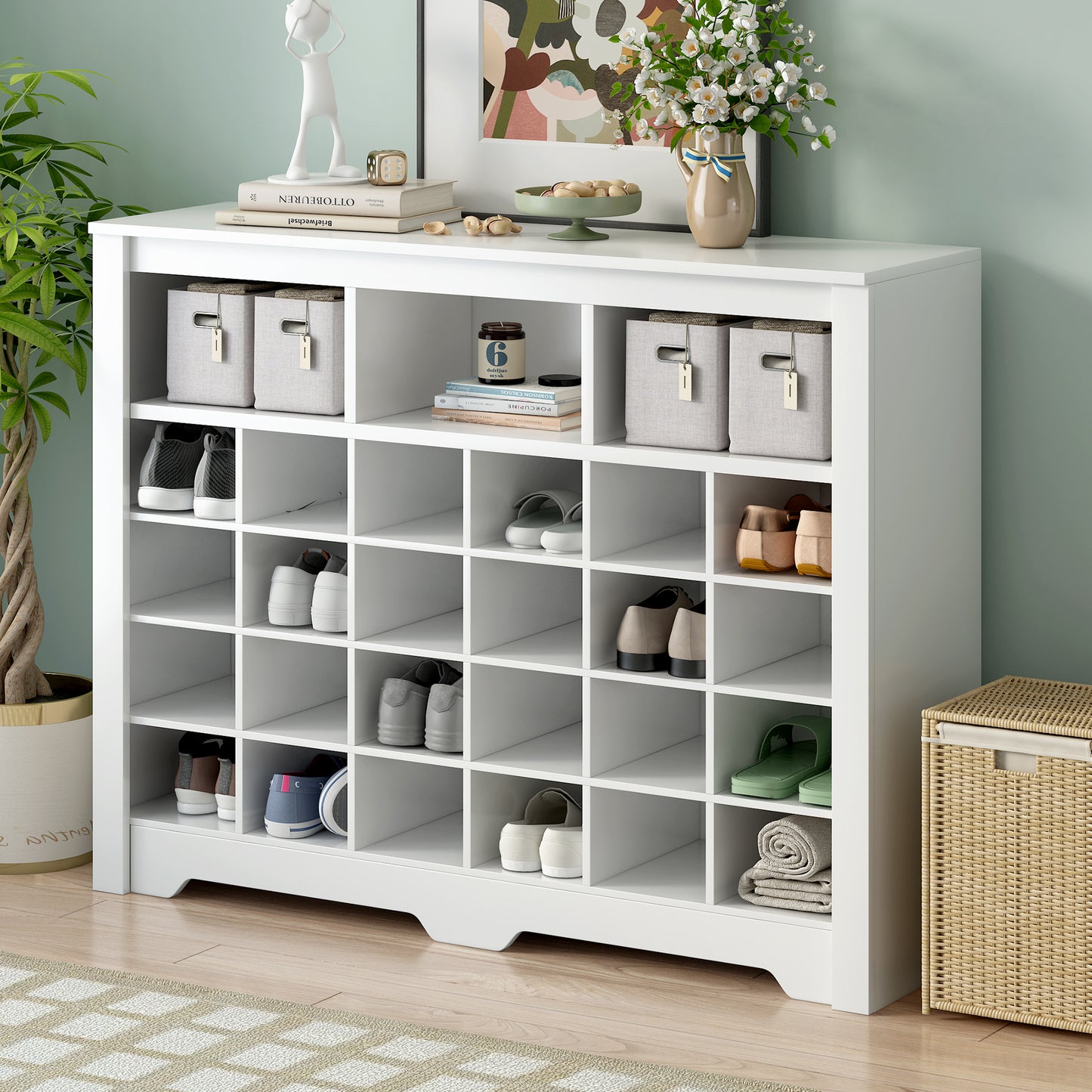 ON-TREND Sleek Design 24 Shoe Cubby Console, Modern Shoe Cabinet With Curved Base, Versatile Sideboard With High-quality For Hallway, Bedroom, Living Room, White