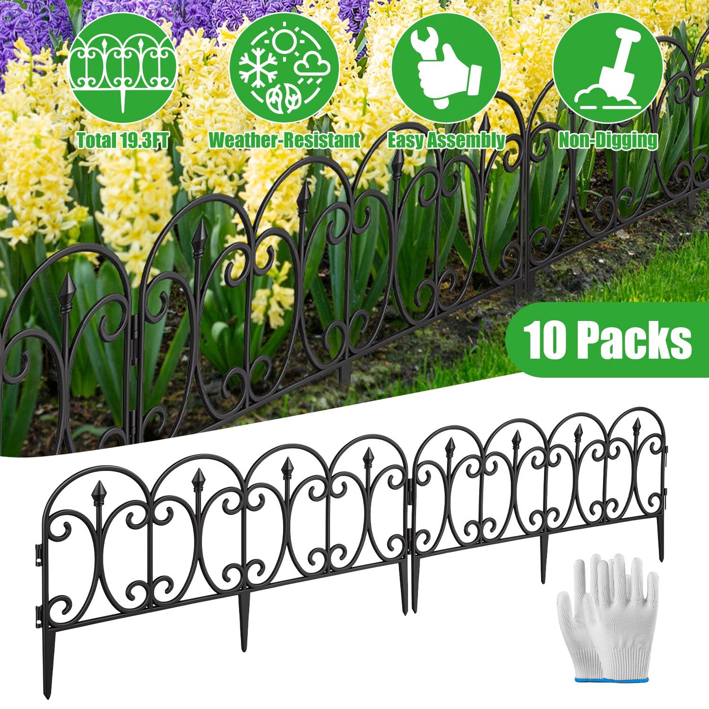 10 Packs Garden Decorative Lawn Edging Border PP Garden Fence Panels Easy Assembly Outdoor Flower Bed Landscape Fencing No-Dig Spikes With Gloves Total 19.3FT