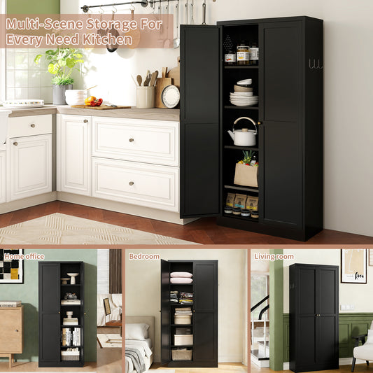 61  Black Metal Kitchen Pantry Cabinet Adjustable Storage With 4 Shelves  110lb Capacity , Heavy Duty Freestanding Pantry Organizer For Kitchen, Pantry, Living Room