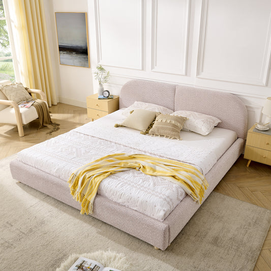 King Size Upholstered Bed Frame, Modern Minimalist Style With Tall Curved Headboard, Premium Circle Yarn Fabric & Sturdy Leg Support, Mattress Not Included-Pink